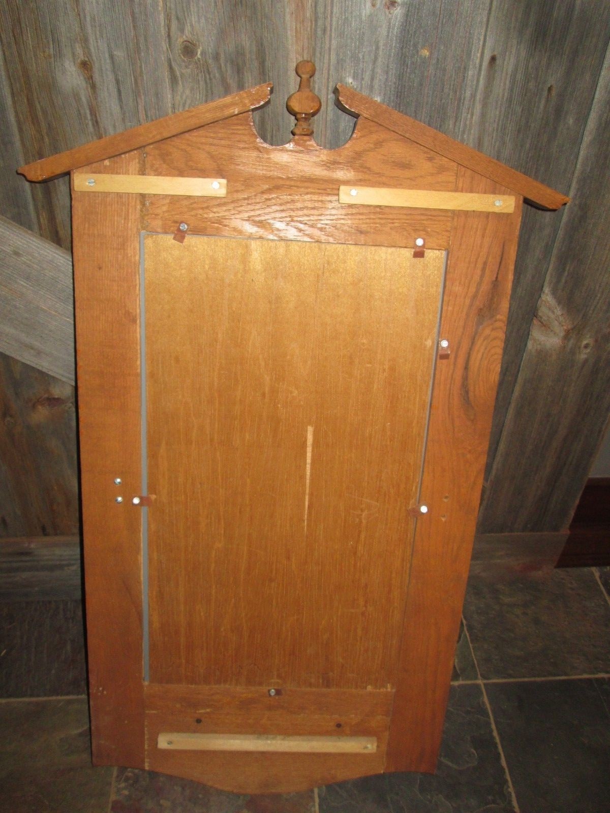 Antique Arts & Crafts Oak Framed Wall Mirror w/2 Brass Hooks = shelf 39