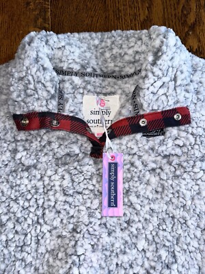 Simply Southern NEW Sherpa Pullover Jacket Gray Medium Buffalo Plaid Trim NWT