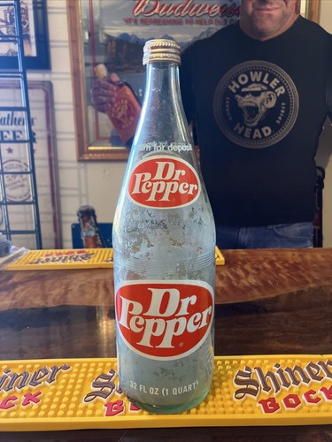 Vintage Dr. Pepper Bottle 32oz Green Glass Money Back Bottle Cap Collectors