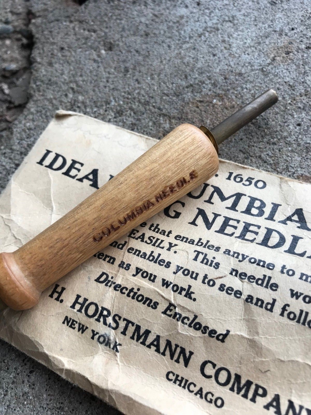 Antique Wooden Columbia Rug Needle No. 1 with Original Instructions and Package