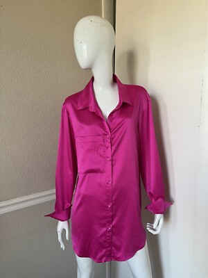 SKY TO MOON NEW! Bright Pink Satin Oversized Buttoned Tunic Shirt Sz S