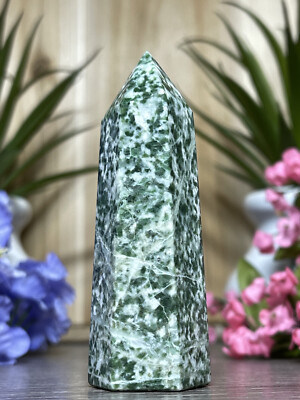 TREE AGATE TOWER- Mineral Point Green Moss Reiki Chakra Meditation Crystal Decor