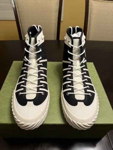 Pre-owned Gucci Gg Logo High Top Sneaker Shoes Black White Size Uk 12 / Us 12.5