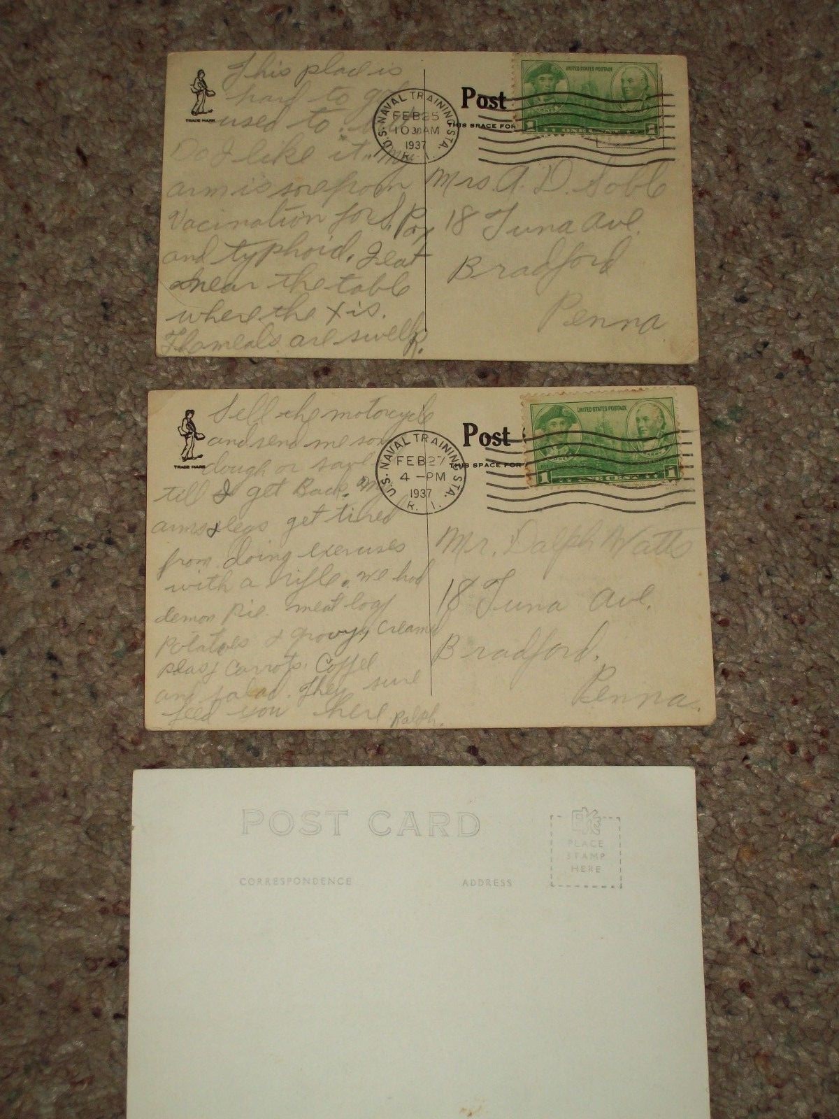 Lot 3 Antique Military Postcards Newport RI US Naval Training Station 1937 Stamp