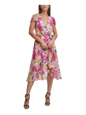 

DKNY Женское белое платье миди с шифоновой подкладкой и развевающимися рукавами с поясом и искусственным запахом, Белый