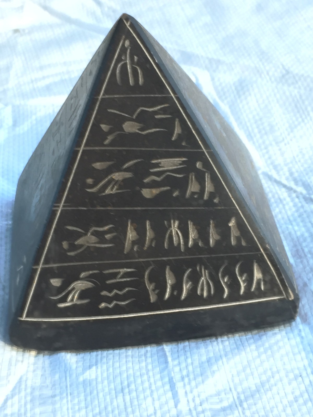 Large Heavy Black Stone Carved & Etched  Egyptian Pyramid