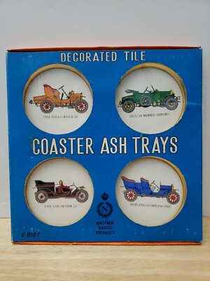 Vtg NASCO 4 pack Antique Car Tile Metal Rim Coaster Ashtray, Made in Japan NEW
