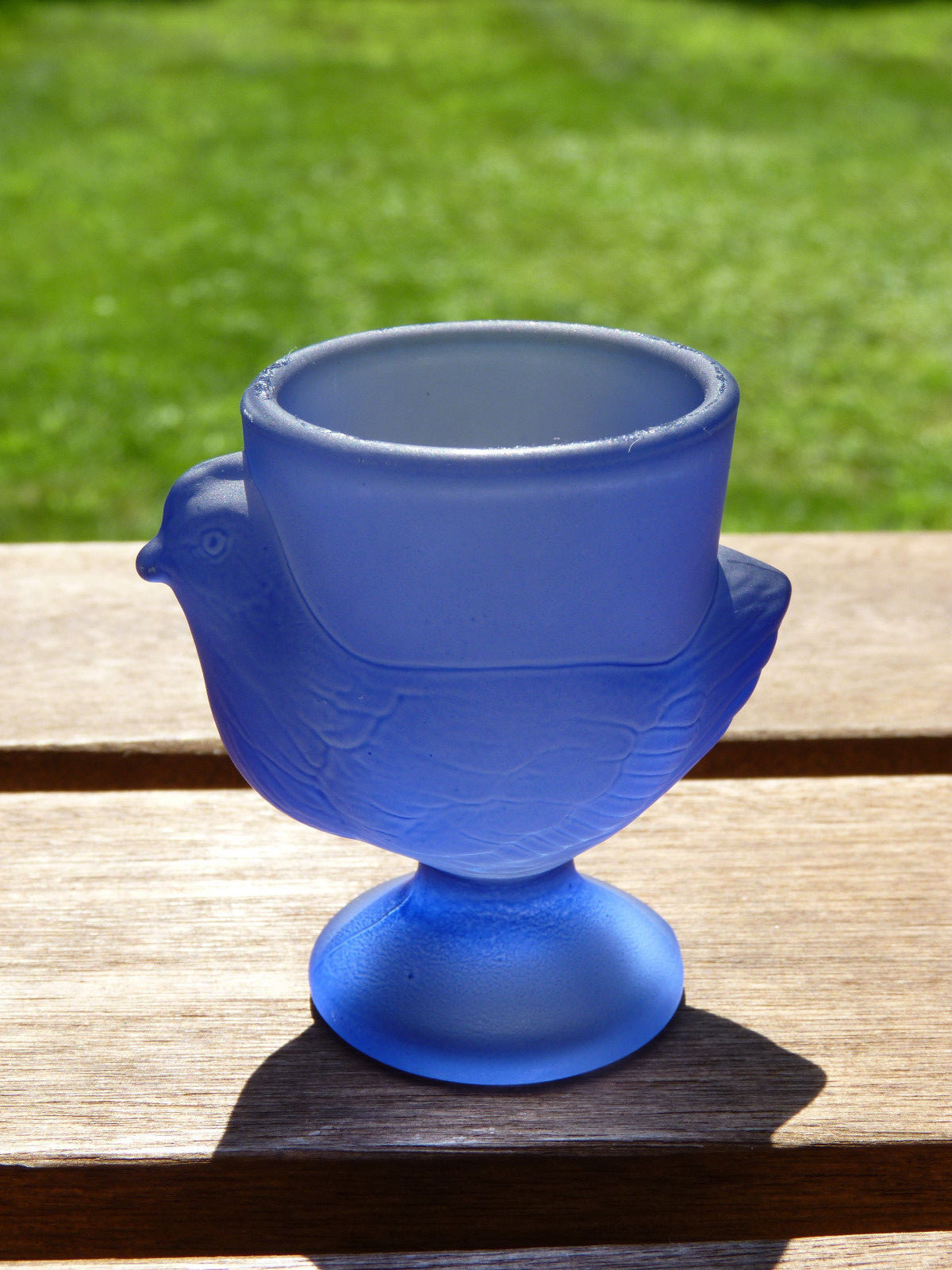 Antique Frosty Cobalt Blue Chicken Shaped Egg Cup Made In France