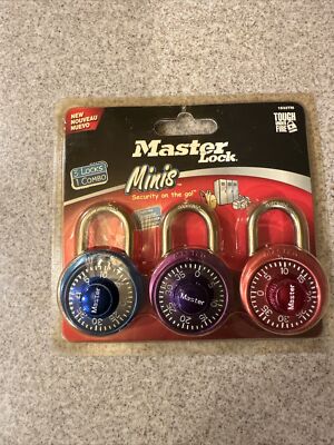 NOS Master Lock Minis Set of Three Locks Purple, Blue, and Red Combination Locks