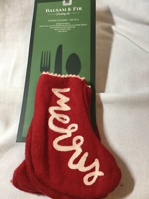 BALSAM & FIR  SET OF 4 UTENSIL HOLDERS MERRY BRIGHT RED WHITE  NIP
