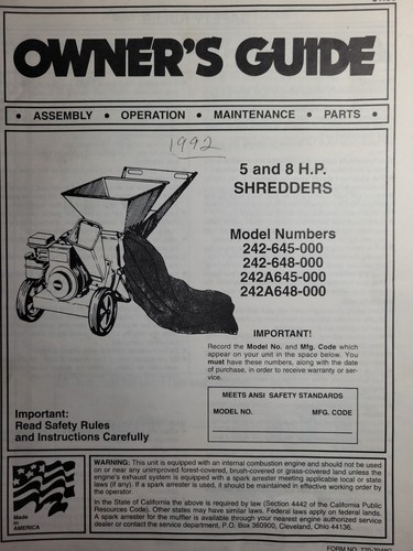 MTD Shredder Chipper 5 & 8 h.p 242-645-000 242-648-000 Owner