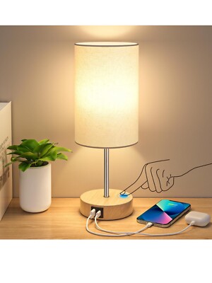 AKASUKI Table Lamp for Bedroom, 3 Way 14.25 in, Cream Shade-Wood Base 
