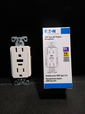 Eaton Duplex Receptacle With USB A & TYPE C Charger White 15A Tamper Resistant 
