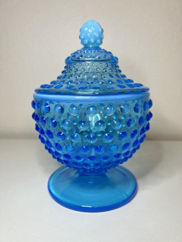 1940年代 Fentonフェントン フタ付きキャンディディッシュ Fenton Blue Opalescent Hobnail Pedestal Candy Dish With Lid