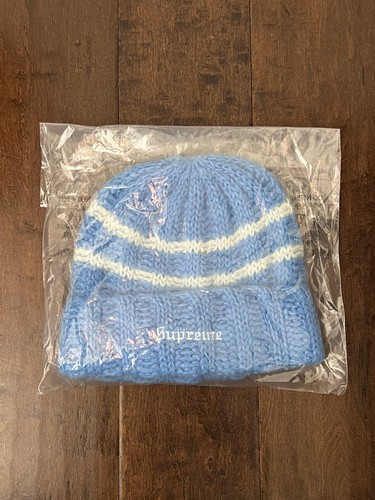 Supreme FW24 Brushed Stripe Mohair Embroidered Beanie Blue