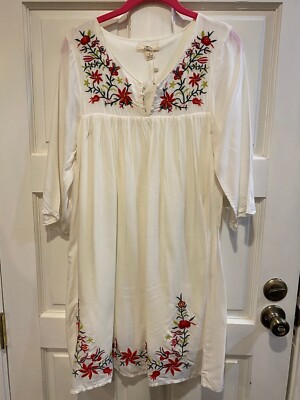 Exist White Floral Embroidered Empire Waist Boho 3/4 Sleeve Dress Womens Small