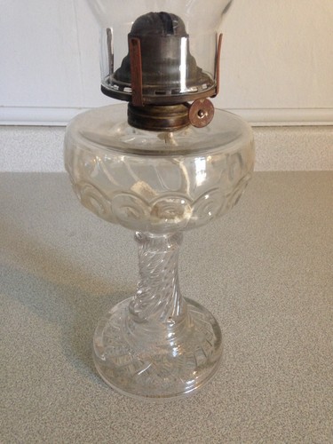 Nice Rare Antique Peacock Pattern Oil Lamp With Spiral Glass Base, A Beauty!