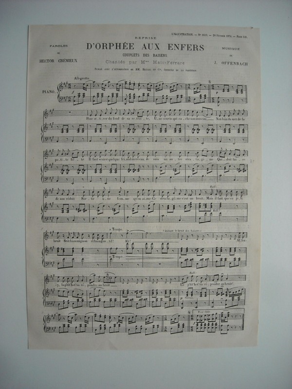 Partition Musique 1874. DâOrphee Aux Enfers. Paroles De M. Hector Cremieux. Musi