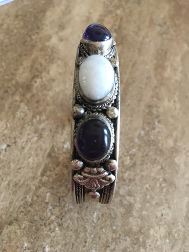 Vintage  Silver  cuff  Bracelet 2  Amethyst  & Moon stone 7” Long 1/2” Wide