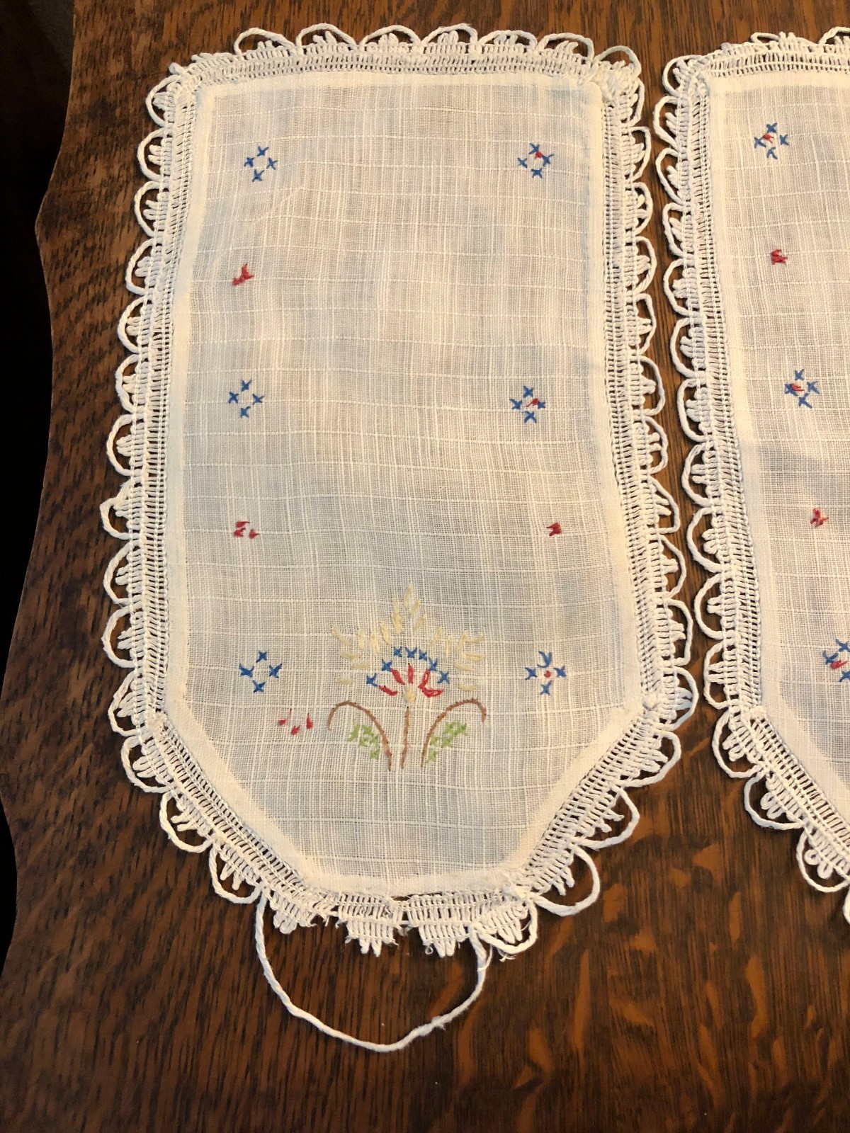 set OF 3 Vintage LINEN DRESSER SCARFS W HAND EMBROIDERY & CROCHET