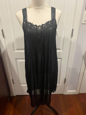Women Black Silky Sleeveless Nightgown Size L 40''Lx19 