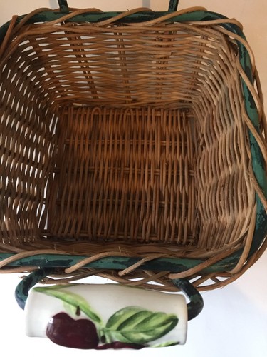 Set Of 2- Wicker Baskets-Ceramic Apple Handles-Green-Vintage-Storage