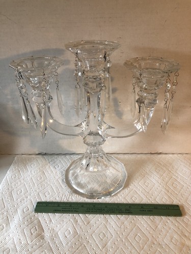 Antique 3 Arm Crystal Glass Ornate Candelabra Candle Holder with Prisms