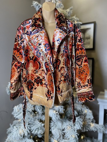Pre-owned Free People Bailey Velvet Moto Jacket Size Xs $398 In Red Blue Gold Orange