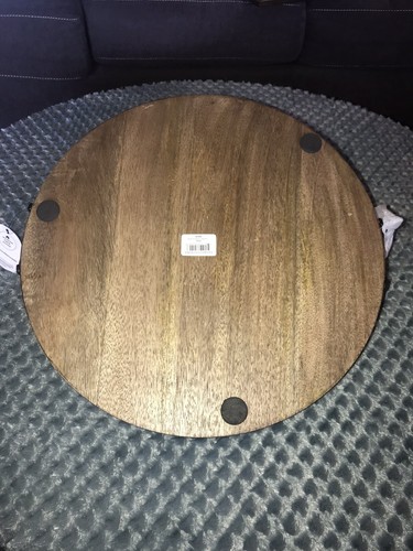 ThirstyStone Round Wood Tray With Black Iron Handles