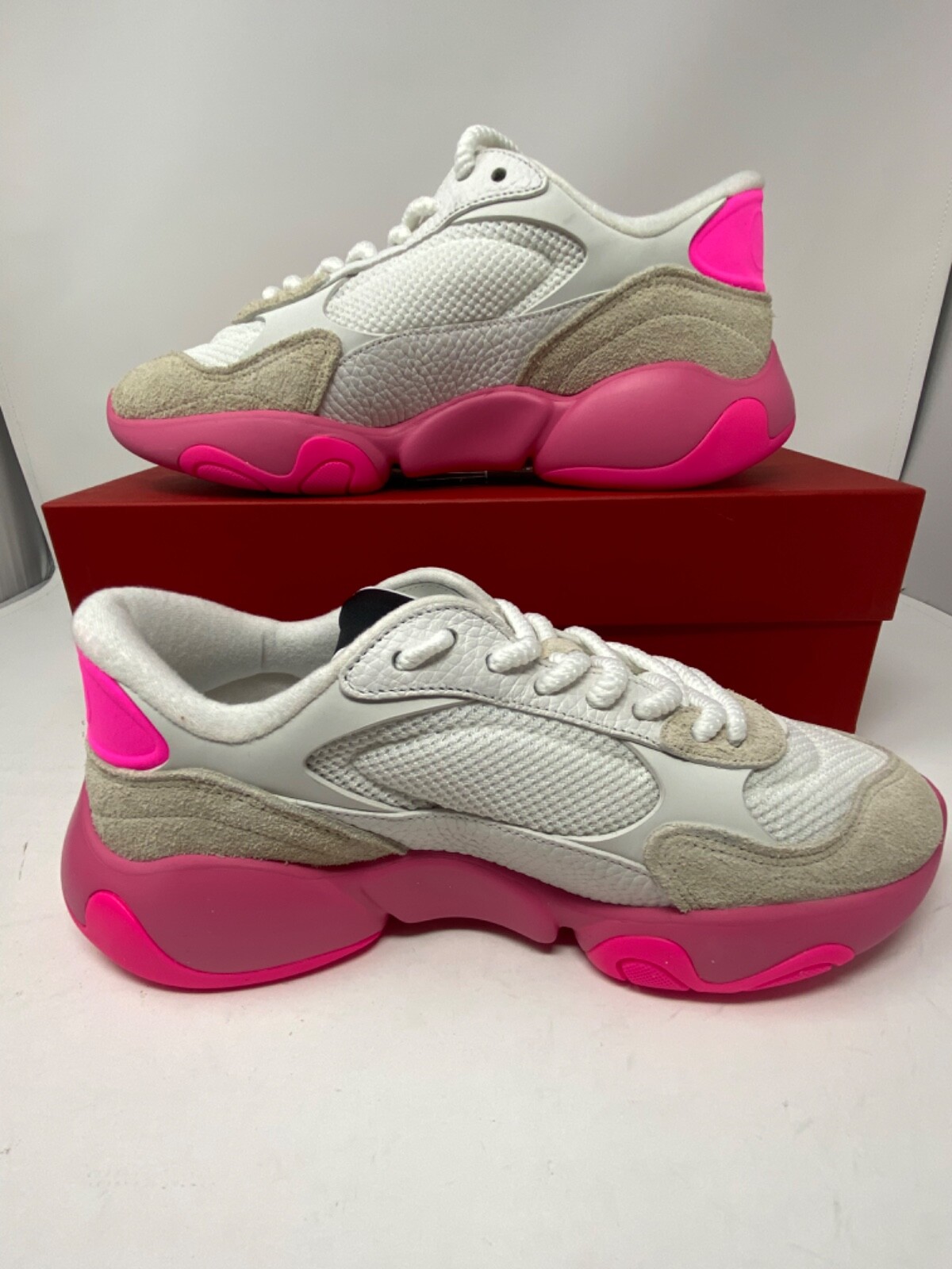 Pre-owned Valentino Garavani Bubbleback Mesh & Suede Chunky Sneakers White Fuchsia Us 9 42