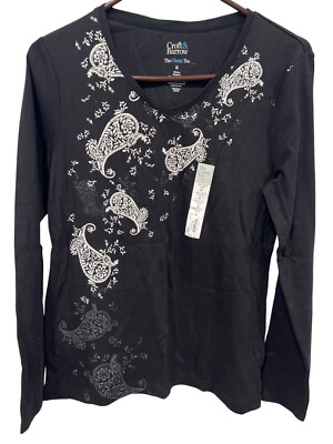 Croft and Barrow Paisley V Neck Classic Tee Women M Long Sleeve Black Cotton NEW