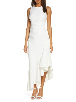 

ELIZA J Женское белое платье-футляр миди из крепа с аквалангом и асимметричным подолом без рукавов, Белый