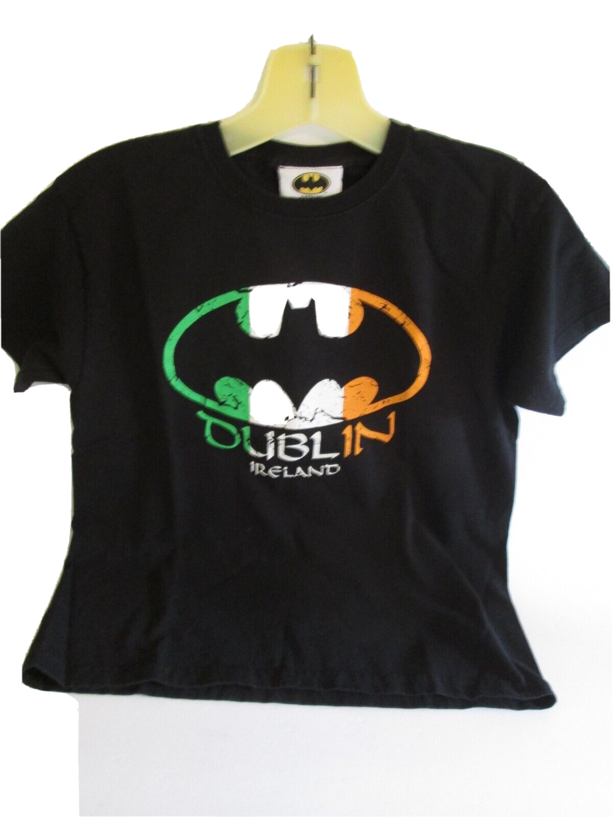 Boys size 7 8 Black T shirt with BATMAN Logo DUBLIN in Irish flag colors rare