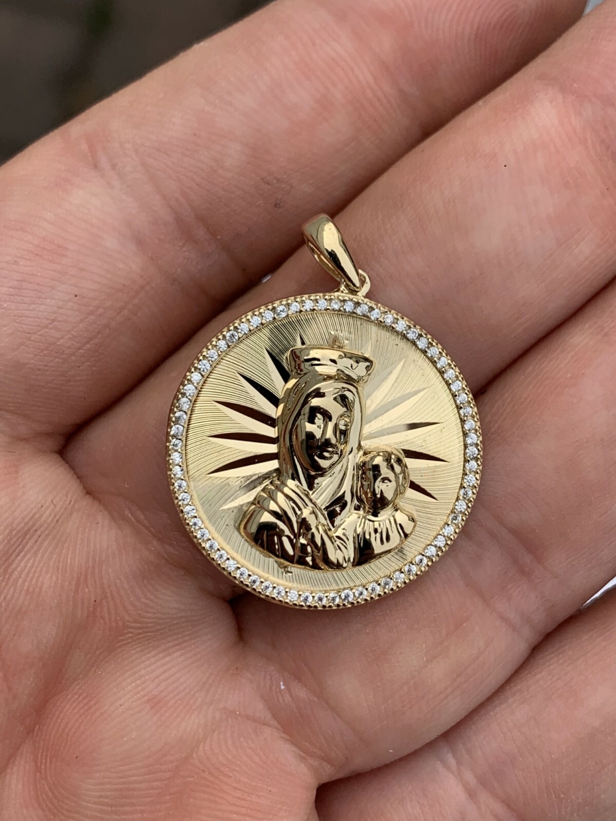 14k Gold Plated 925 Silver Virgin Mary Baby Jesus Coin Medallion Pendant CZ
