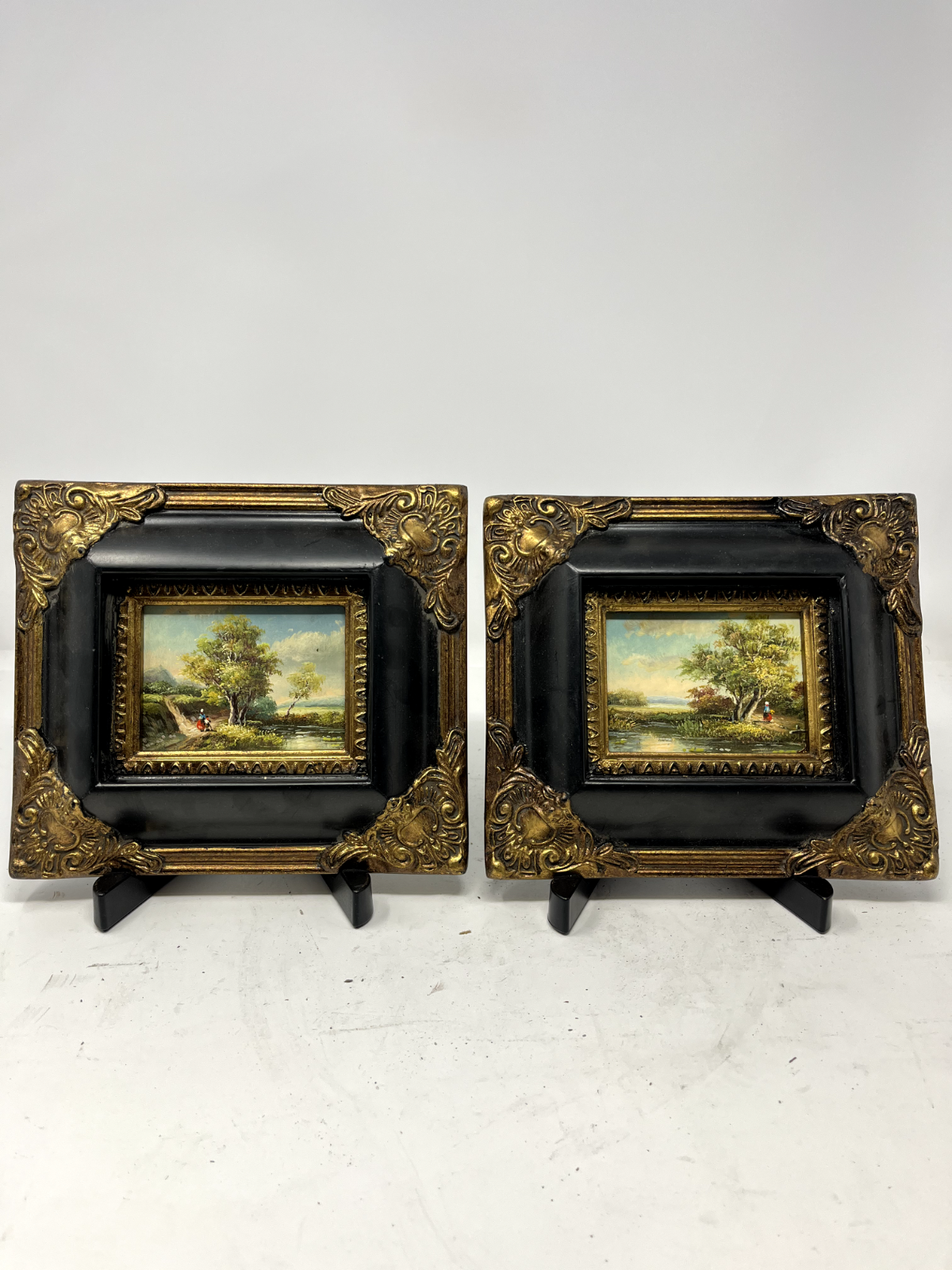 Scenery Landscape Woman Countryside Nature pair oil paintings 6x7 on wood