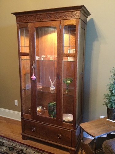 Antique Oak Lighted Glass Front Display Cabinet