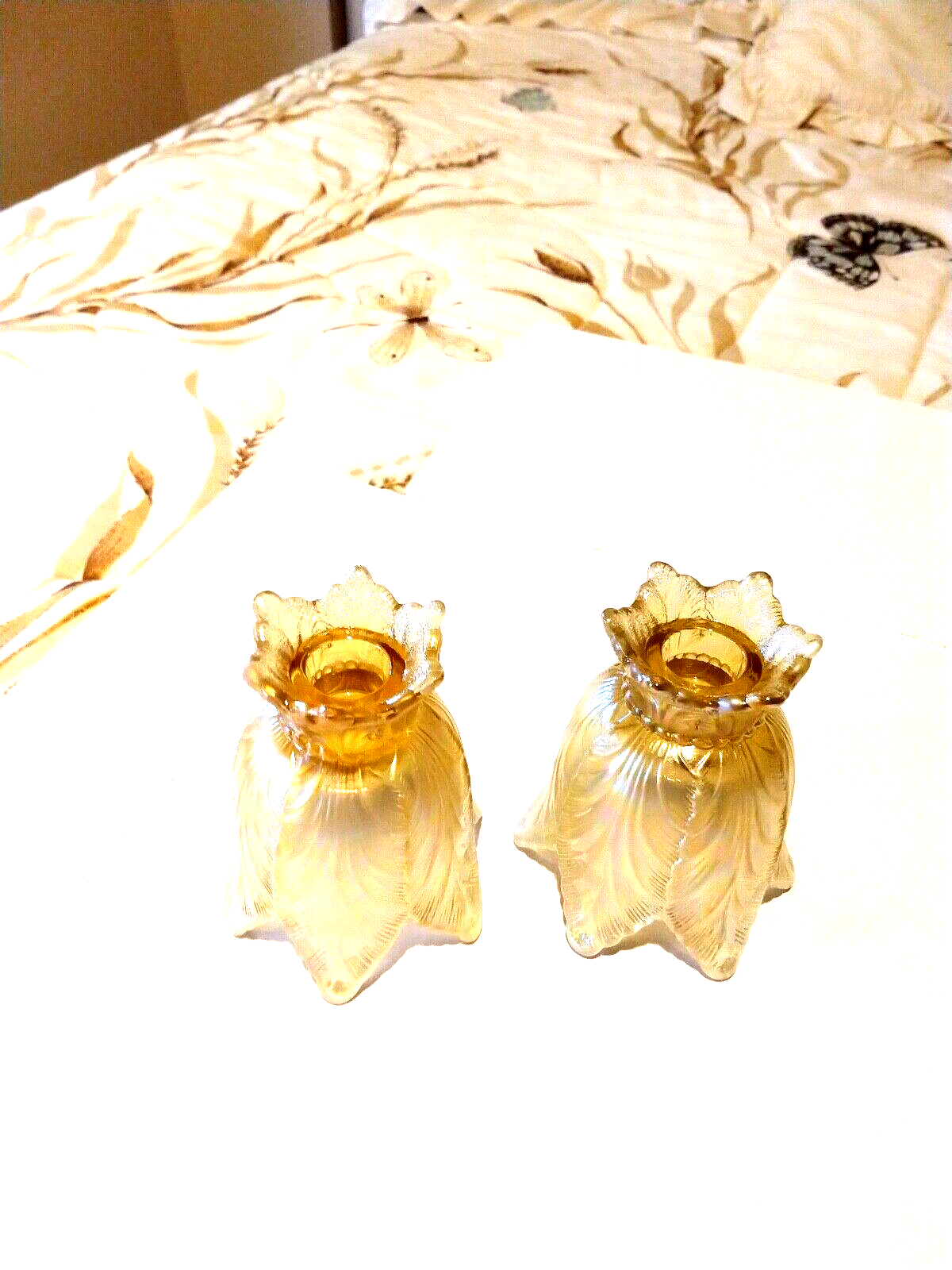 FENTON, Two-Way candle holders, Pair of gold iridescent, Perfect