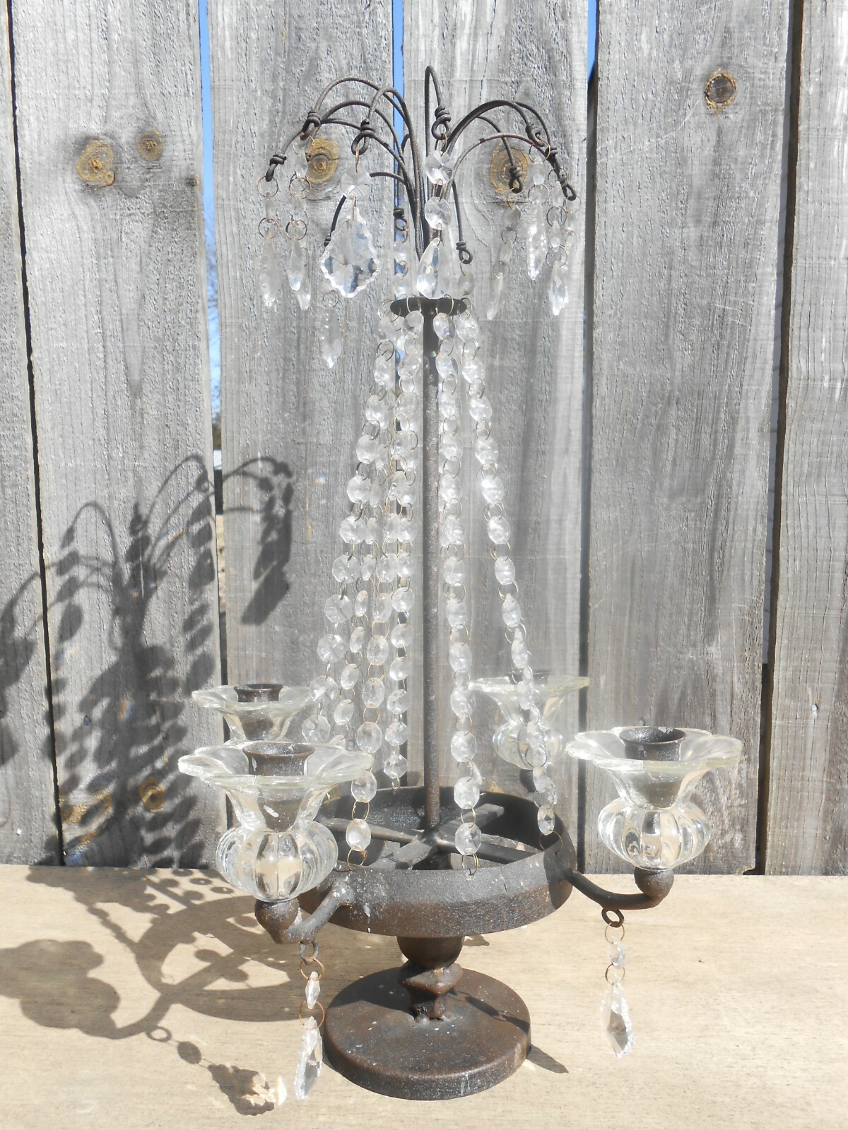 Antique Colonial Americana Cast Iron 4 Arm Candelabra Candle Holder With Prisms