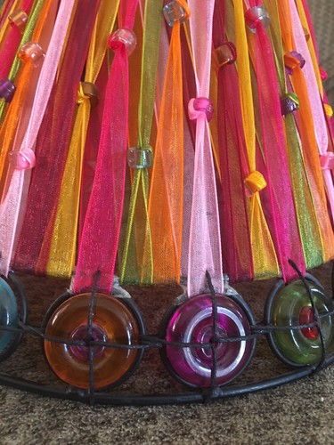 Beautiful Table Bell Lamp Shade Fabric and Beads Pink Orange Purple 8.5x10”