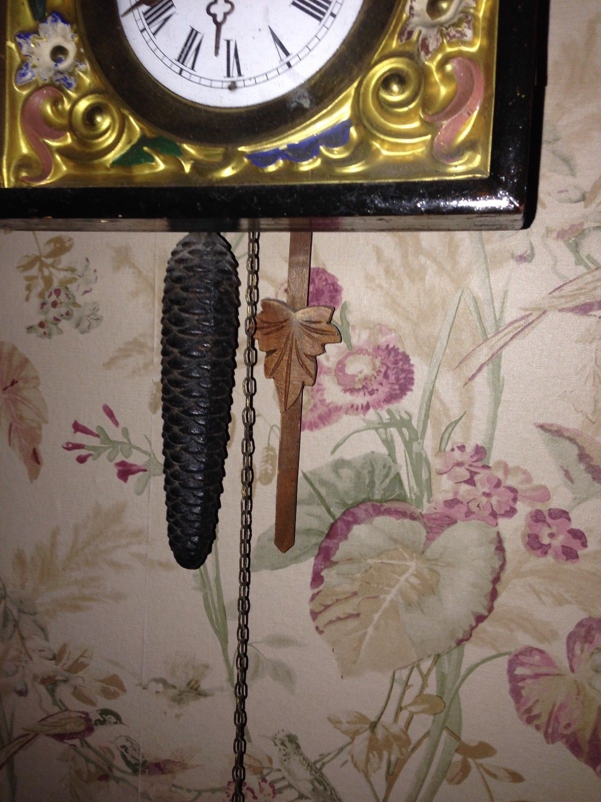 RARE HAND MADE BRASS FACE GERMAN ANTIQUE WALL CLOCK. PEACOCK &I FLOWERS