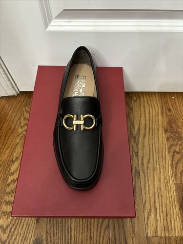 Pre-owned Ferragamo Salvatore  Rolo Black Leather Mens Loafers 8 Ee Reversible Buckle