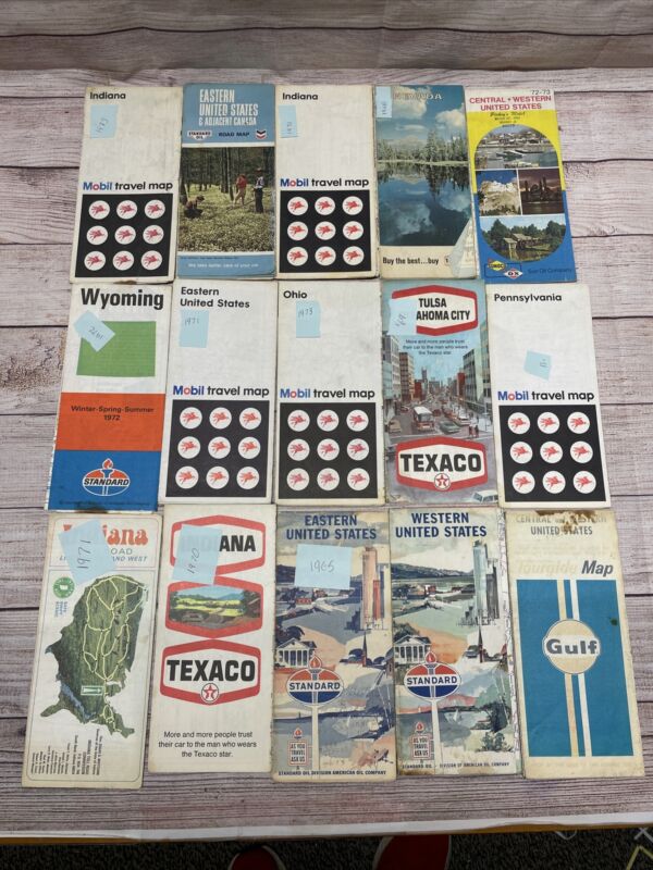 Lot Of 15 VINTAGE GAS STATION ROAD MAPS. 60’s 70’s.