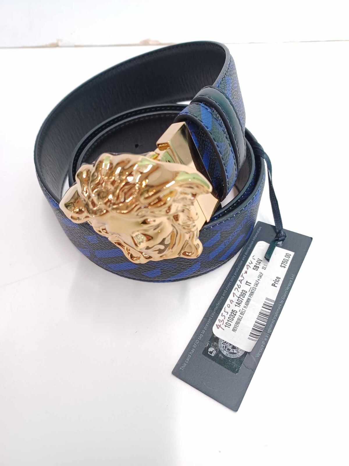 Pre-owned Versace Reversable Black And Blue Leather With Gold Buckle Belt