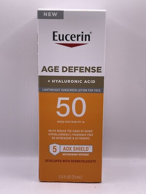 Eucerin Age Defense SPF 50 Face Sunscreen Hyaluronic Acid 2.5 Oz Exp 10/24