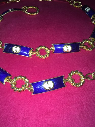 Vintage 70's Gucci Goldtone with White Blue Metal Link Belt