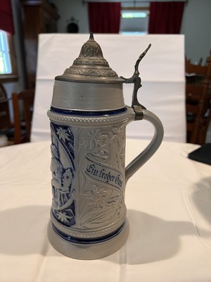 Beer Stein .5 L Original Mold Year 1894 Blue Auf der Alm Lid Western Germany 