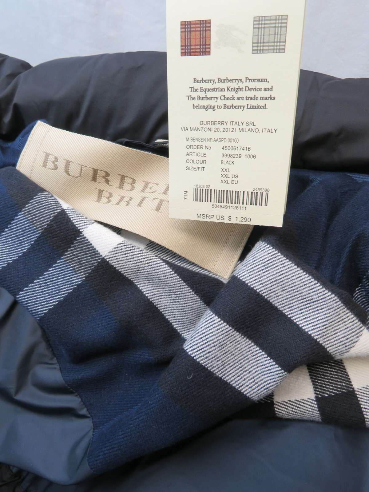 BURBERRY $1290 BURBERRY BENSEN BLACK HOODED CHECK LOGO DOWN PARKA PUFFER JACKET COAT XXL