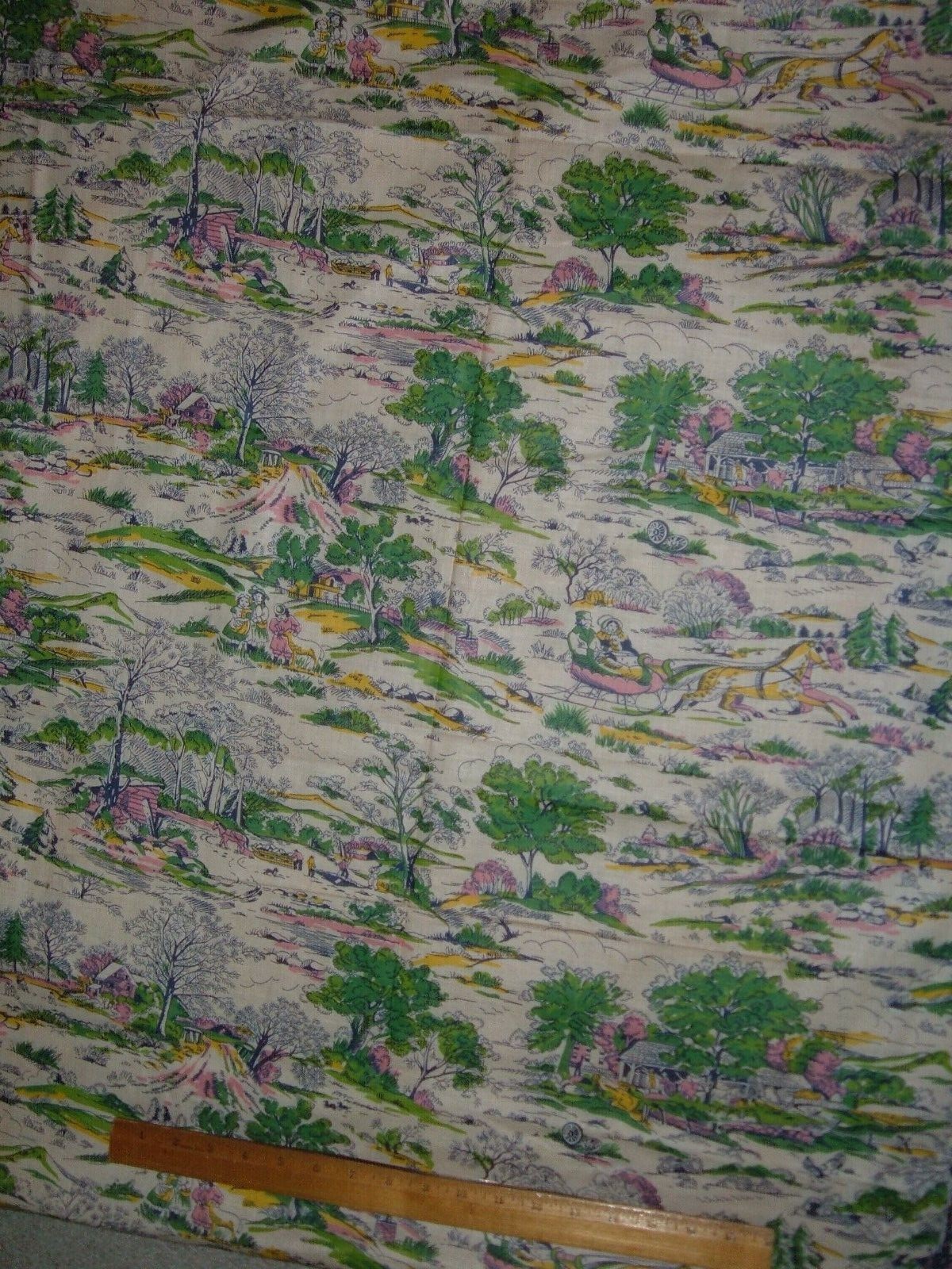 VINTAGE FABRIC FEEDSACK ERA WINTER SCENE HORSE SLEIGH COUNTRYSIDE