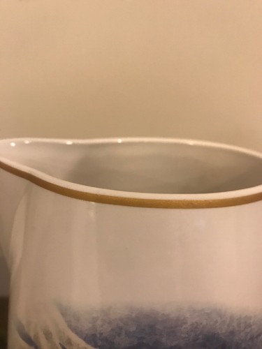 Pottery Barn Statement Santa White Pitcher with Santa/Snowman Trimmed In Gold.