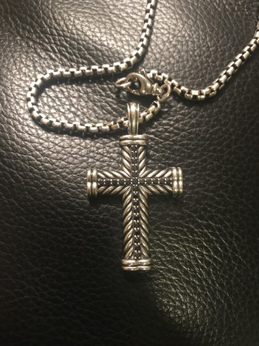 David Yurman Sterling Silver Chevron Cross Pendant w Black Diamonds & 22
